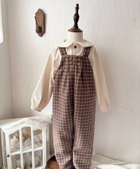 w button long salopette 《chocolate block plaid》