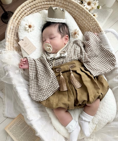 retro baby hakama waist ribbon《gingham plaid coffee×mustard》