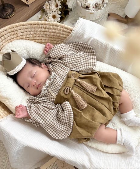 retro baby hakama waist ribbon《gingham plaid coffee×mustard》
