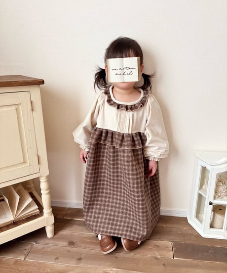 waist frill volume sleeve A line onepiece《chocolate block plaid》