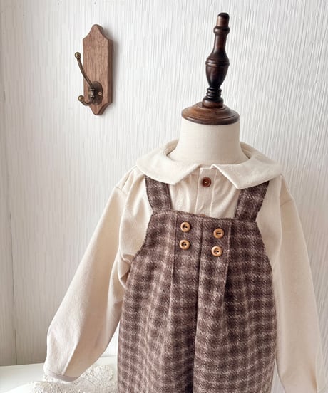w button long salopette 《chocolate block plaid》