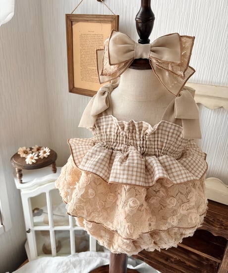 shirring plaid diamond rose tulle rompers dress《cafe au lait》