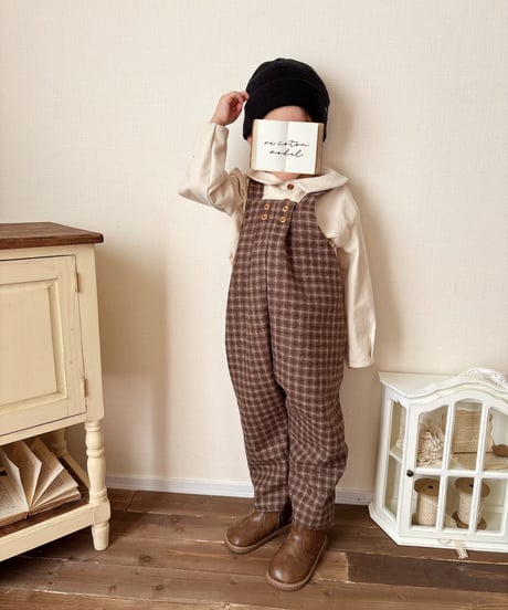 w button long salopette 《chocolate block plaid》