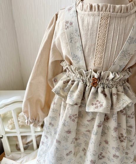frill waist A line salopette skirt《misty green flower》