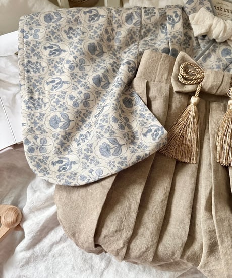 retro baby hakama waist ribbon《dusty blue flower×antique beige》