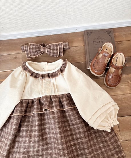 waist frill volume sleeve A line onepiece《chocolate block plaid》