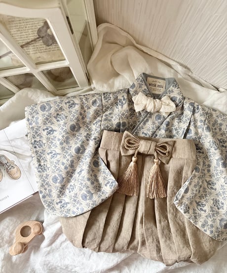 retro baby hakama waist ribbon《dusty blue flower×antique beige》
