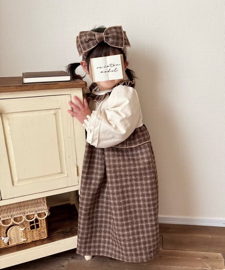 waist frill volume sleeve A line onepiece《chocolate block plaid》