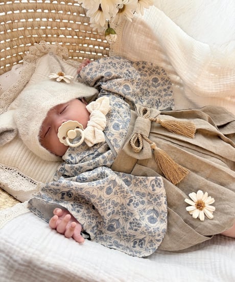 retro baby hakama waist ribbon《dusty blue flower×antique beige》