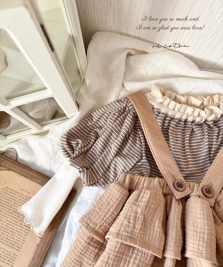 gauze colour border puff sleeve lib knit tops
