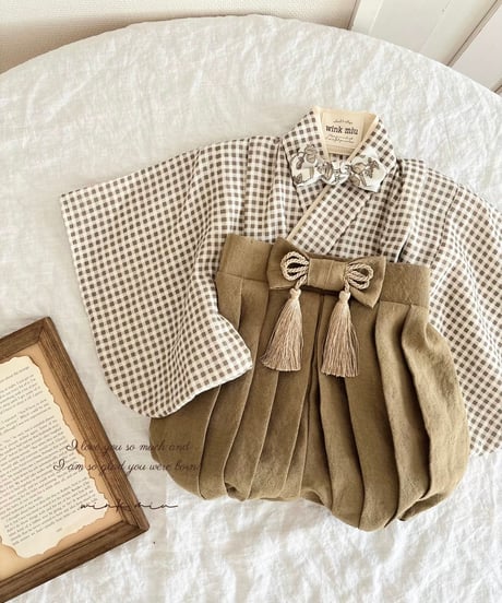 retro baby hakama waist ribbon《gingham plaid coffee×mustard》