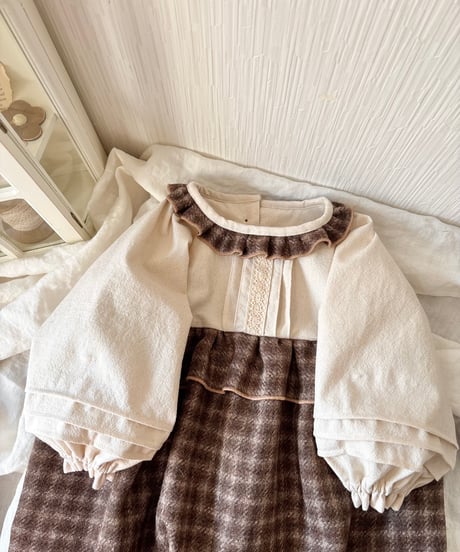 waist frill volume sleeve A line onepiece《chocolate block plaid》