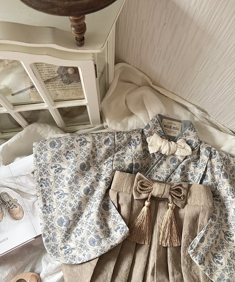retro baby hakama waist ribbon《dusty blue flower×antique beige》
