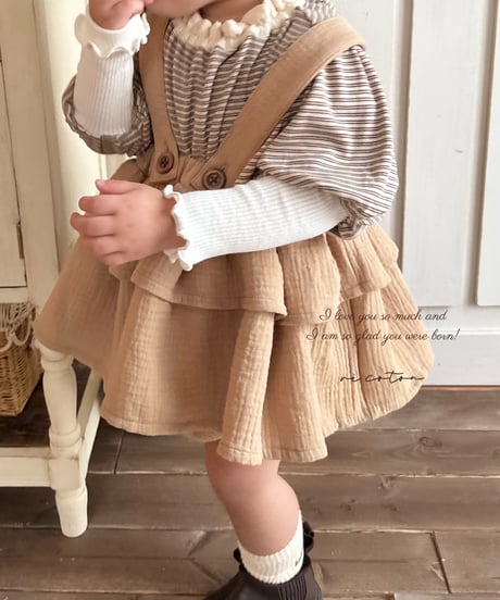 gauze colour border puff sleeve lib knit tops