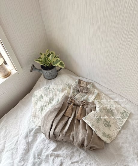 retro baby hakama waist ribbon《green beige botanical×greige》
