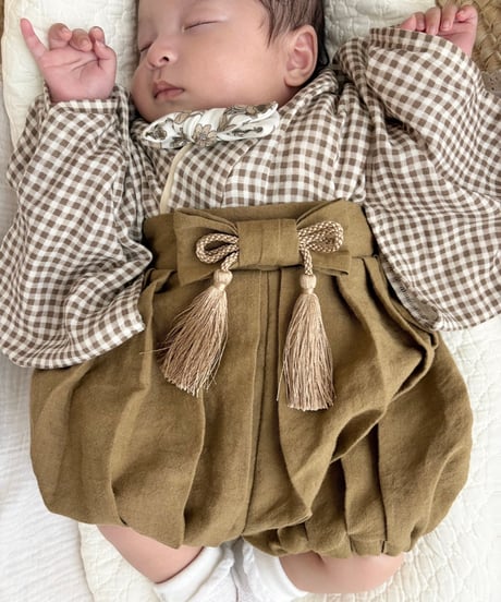 retro baby hakama waist ribbon《gingham plaid coffee×mustard》