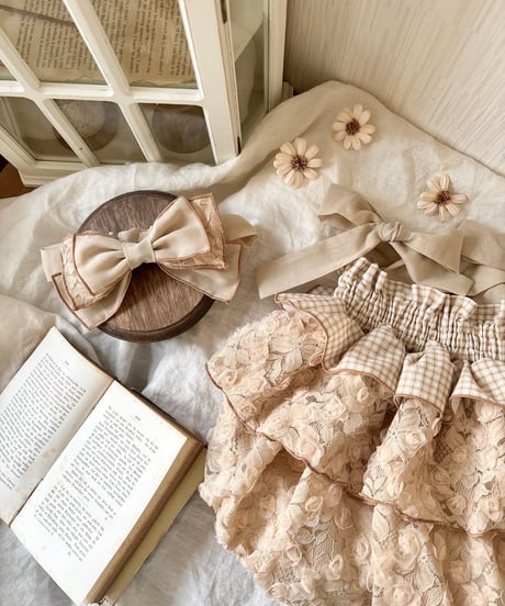 shirring plaid diamond rose tulle rompers dress《cafe au lait》