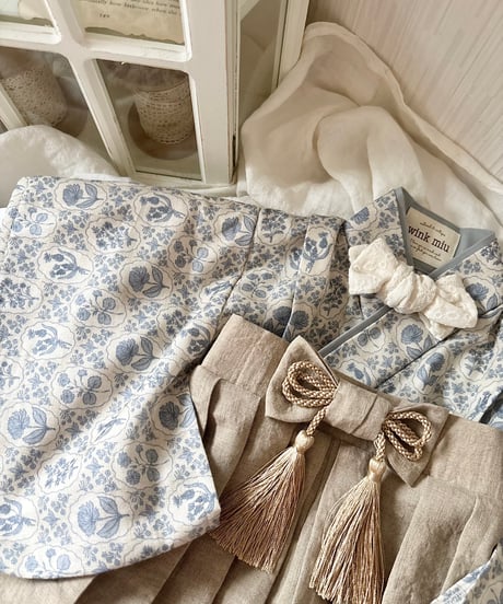 retro baby hakama waist ribbon《dusty blue flower×antique beige》