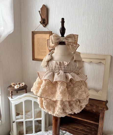 shirring plaid diamond rose tulle rompers dress《cafe au lait》