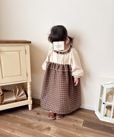 waist frill volume sleeve A line onepiece《chocolate block plaid》