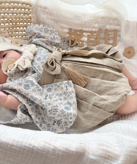 retro baby hakama waist ribbon《dusty blue flower×antique beige》