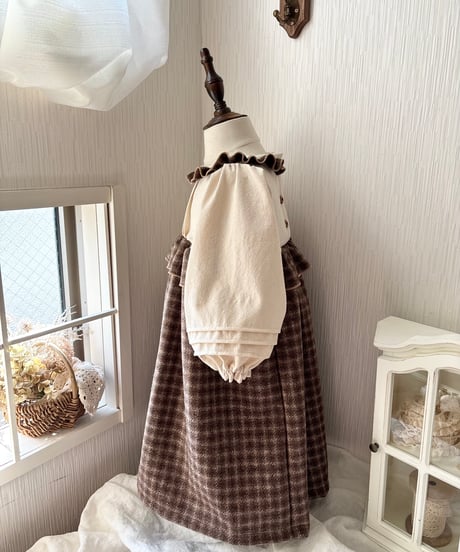 waist frill volume sleeve A line onepiece《chocolate block plaid》