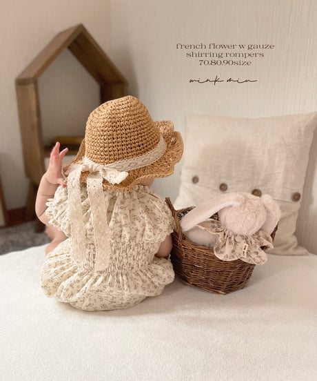 french flower w gauze shirring rompers