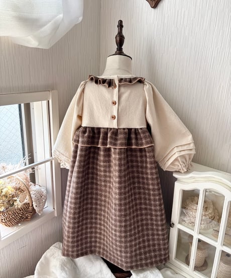 waist frill volume sleeve A line onepiece《chocolate block plaid》