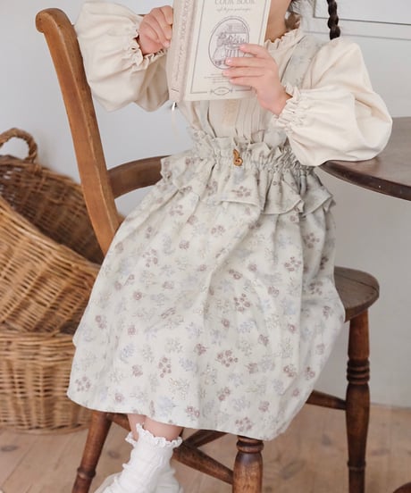 frill waist A line salopette skirt《misty green flower》