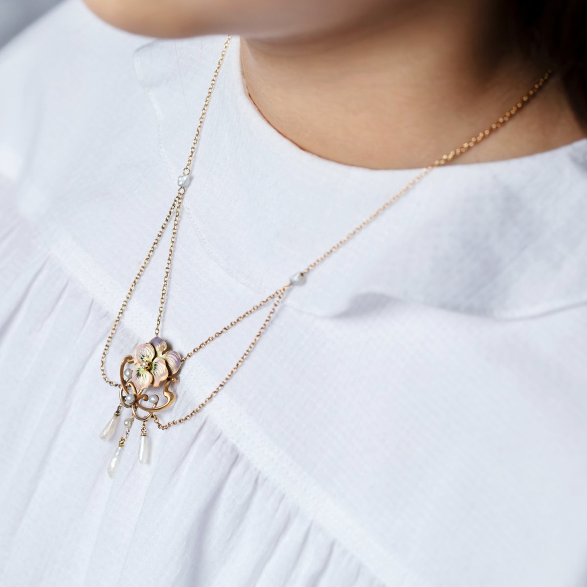 art nouveau pansy necklace *14ct gold & pearl |