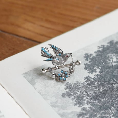 bird and flower brooch *silver and turquoise