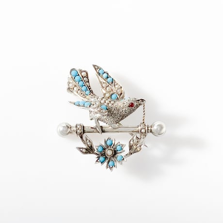 bird and flower brooch *silver and turquoise