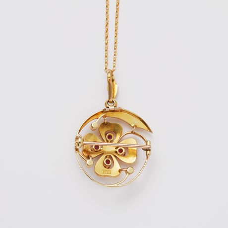 four leaf clover pendant brooch *ruby, pearl & gold