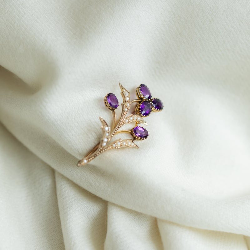 アンティーク　ブローチ☆桃珊瑚☆ペリドット☆アメジスト amethyst & pearl floral brooch *9ct gold | tiny