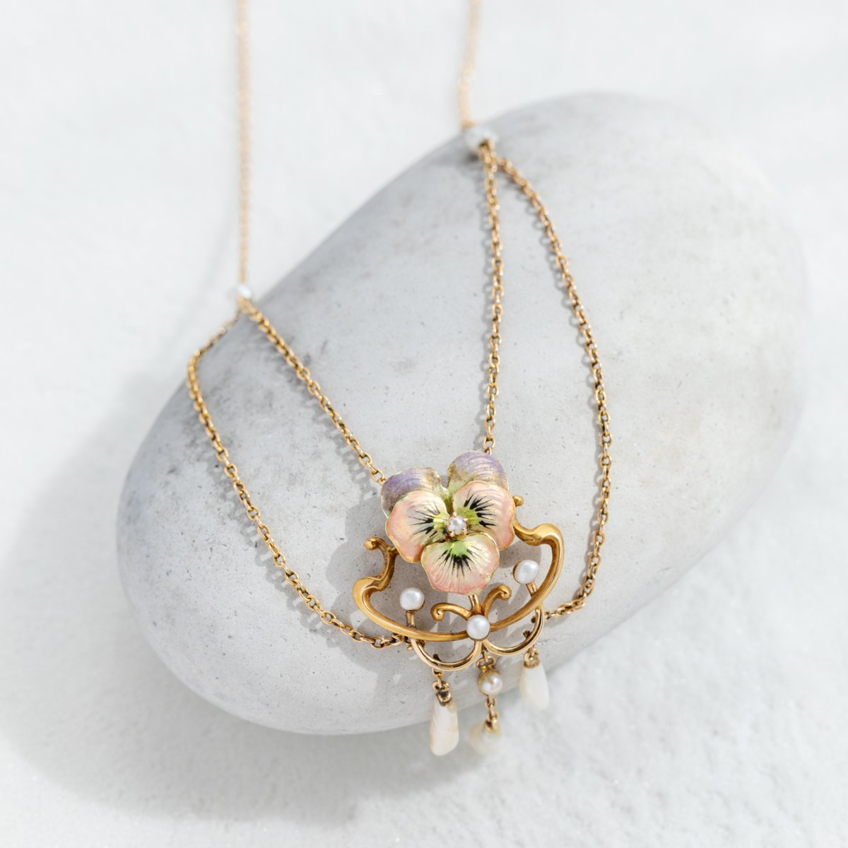 art nouveau pansy necklace *14ct gold & pearl |