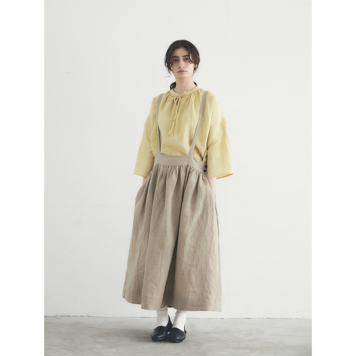 MAGALI　ベルギーリネンサスペンダースカート　黒 MAGALI マガリ ギンガムリネンサスペンダースカート #ブラックx