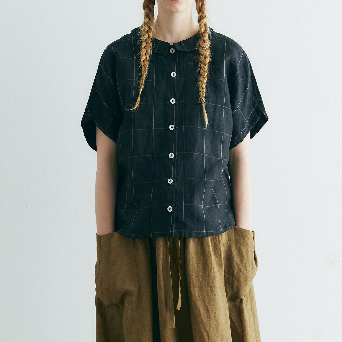 ウィンドウペンリネン・ロンド・ブラウス/ブラック | select shop Calli