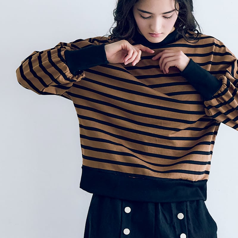 ハイゲージコットン・バスクボーダーカットソー ／モカ×ブラック