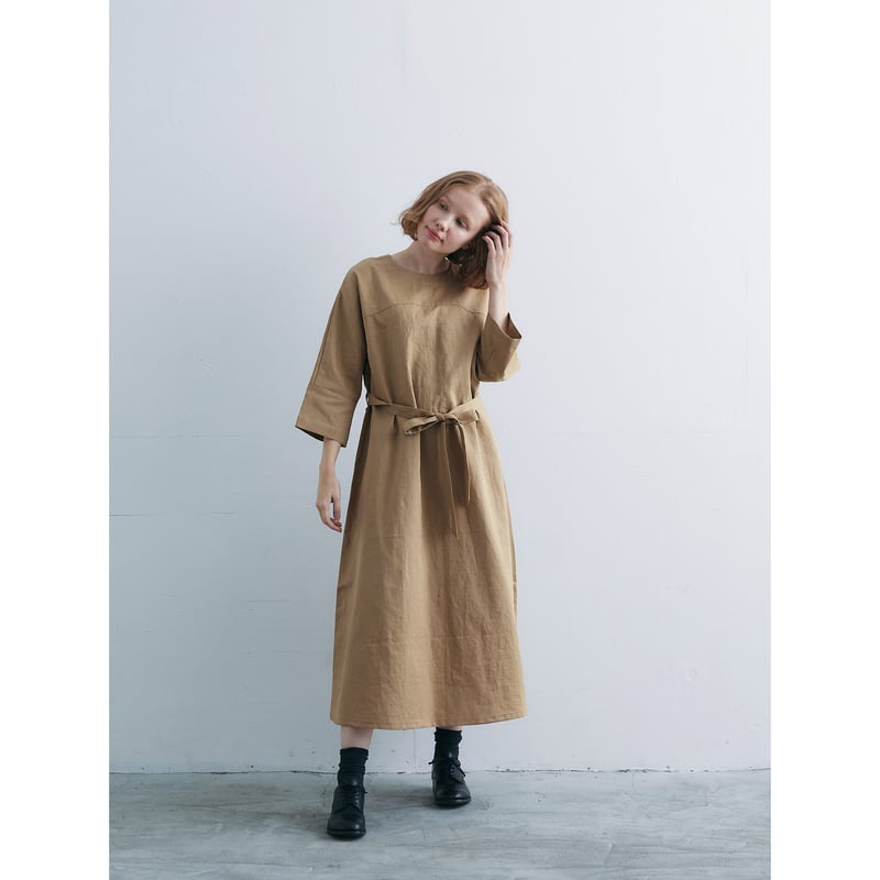 FIL DE FER リネンミックスヘリンボーン　カフタンワンピース　ベージュ FIL DE FER リネンミックスヘリンボーン カフタンワンピース