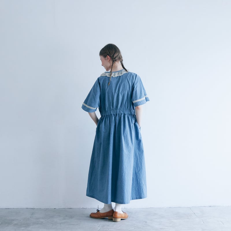 ハンドメイド　日本製上質コットンリネンワンピース リネンライクワンピース/綿麻ブレンド/ウォッシャブル/ブルー