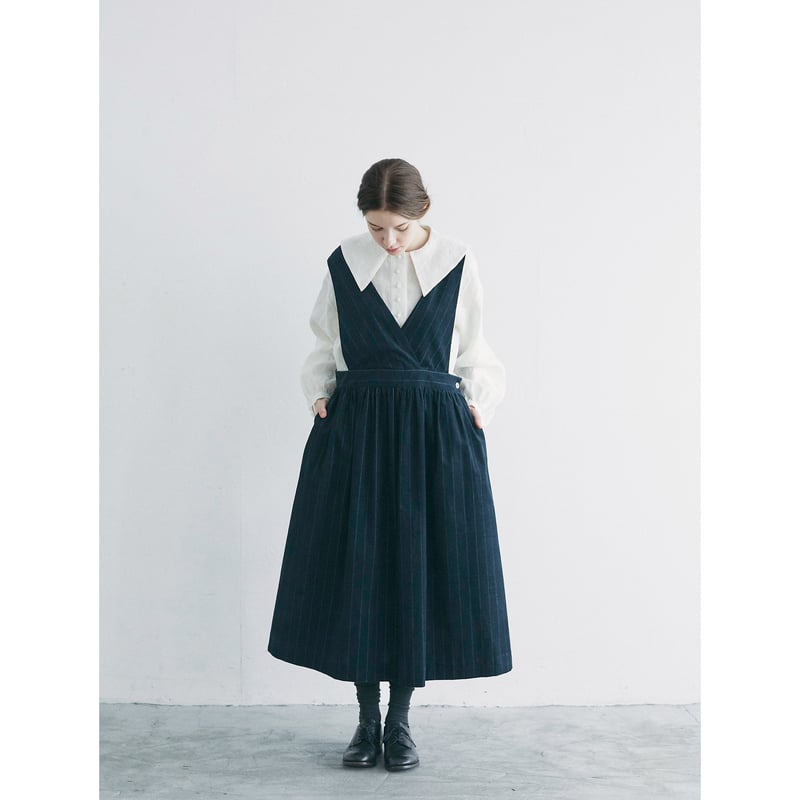 ストライプコーデュロイ・エプロンワンピース／ネイビー | select shop