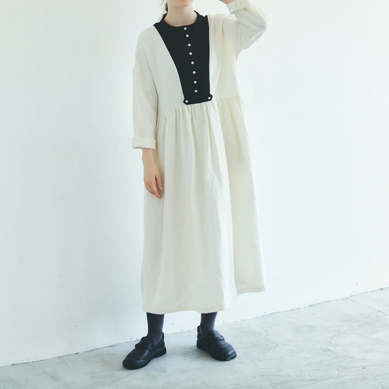 リゼッタ　ヘリンボーン柄　ウエストギャザー　リネンワンピース　ベルティーユ リゼッタ ヘリンボーン柄 ウエストギャザー リネンワンピース