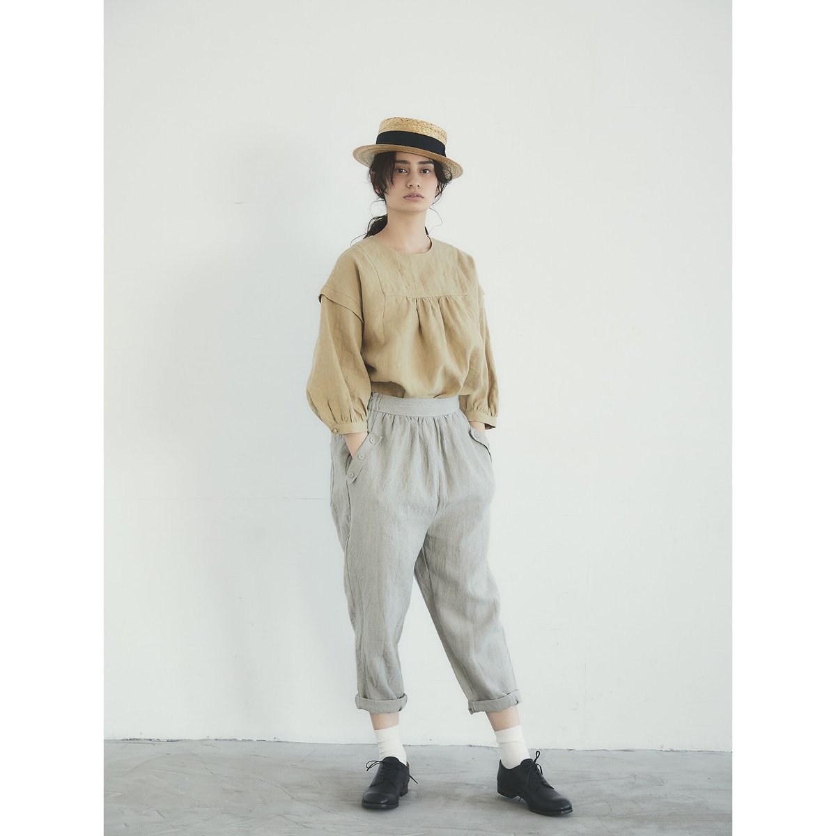 トリプルウォッシュリネン・フラップパンツ／ブルーグレー | select  