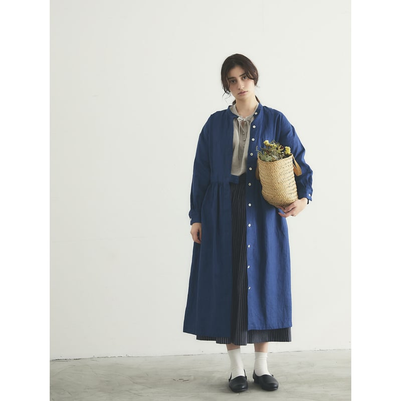 インディゴリネン・タック・ギャザーワンピース／インディゴブルー