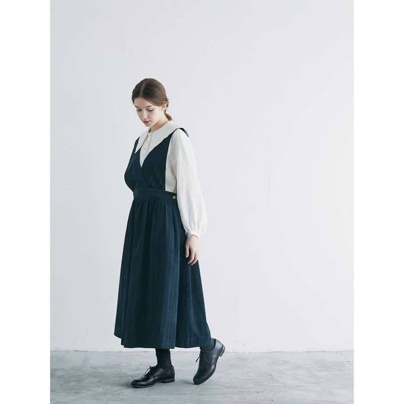 ストライプコーデュロイ・エプロンワンピース／ネイビー | select shop 