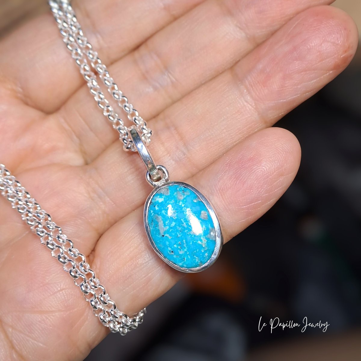 高品質 ペルシャン ターコイズ ユニセックス シルバーネックレス | Le