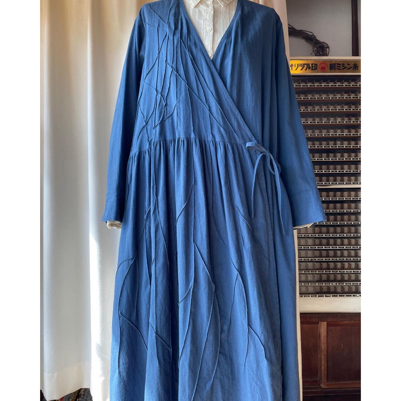 ピンタックアート】カシュクールワンピース ブルー | 福月洋装店