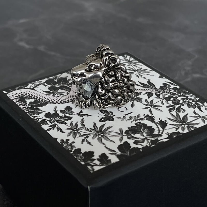 gucci lion hed crystal silver ring 16号 | requality