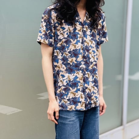 新品 made in Italy rayon open collar shirt navy XL