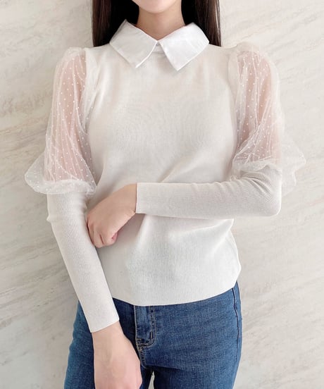ribbon collar see-through sleeve tops / 2color